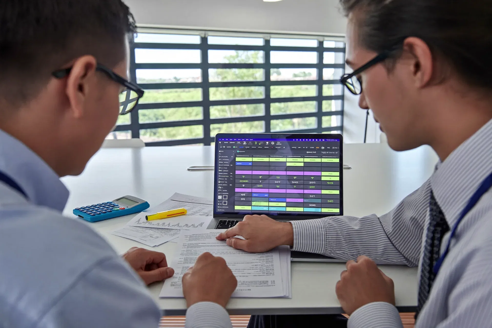 Accountant and data engineer reconciling a printed report against a migrated ERP spreadsheet