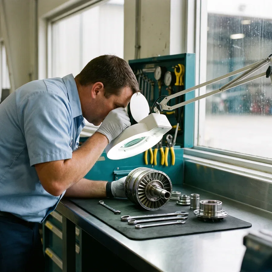 Technician inspecting a stripped hydraulic unit and logging findings