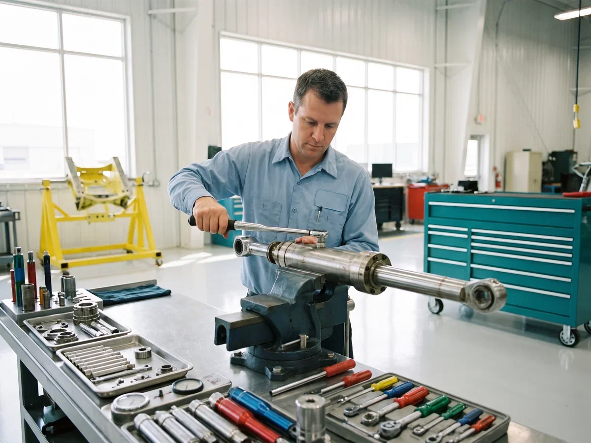 A licensed engineer working on a dismantled aircraft hydraulic actuator clamped in a bench vice in a bright MRO workshop