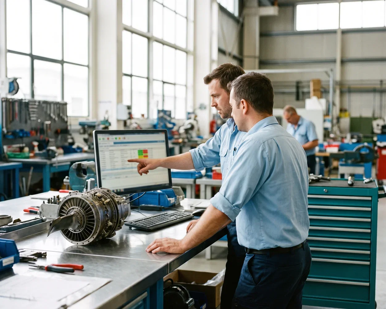 Technician logging teardown findings in MRO software at the bench