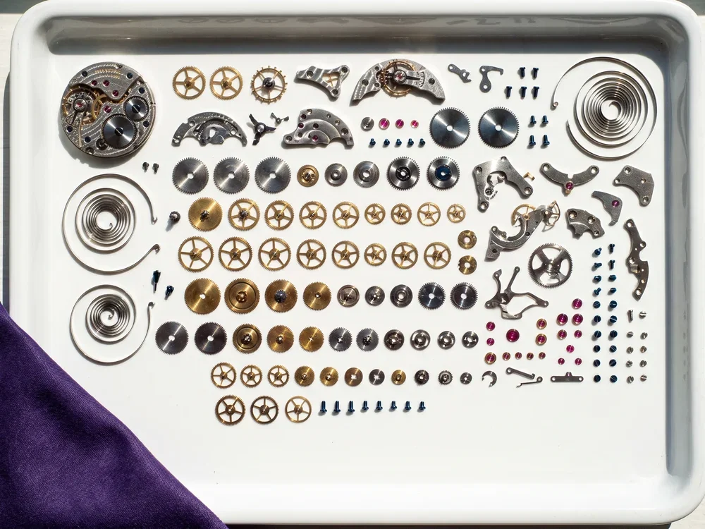Every component of a watch movement laid out in ordered rows on a white tray, a metaphor for mapping a process end to end