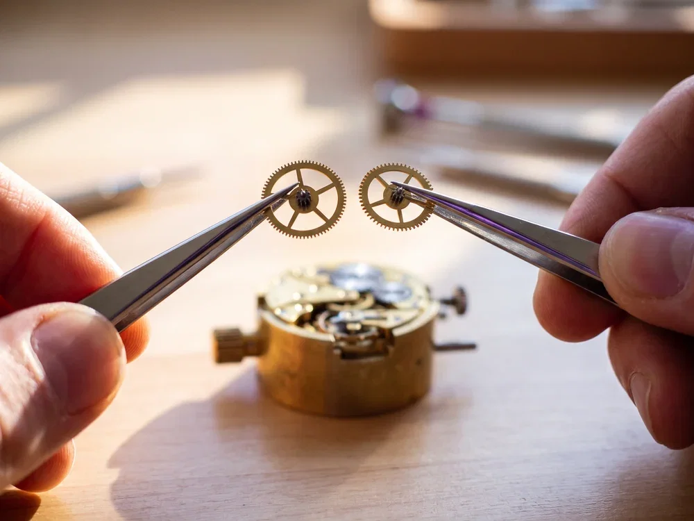 A watchmaker holding two different gear wheels side by side in tweezers to choose the right one, a metaphor for designing the automation