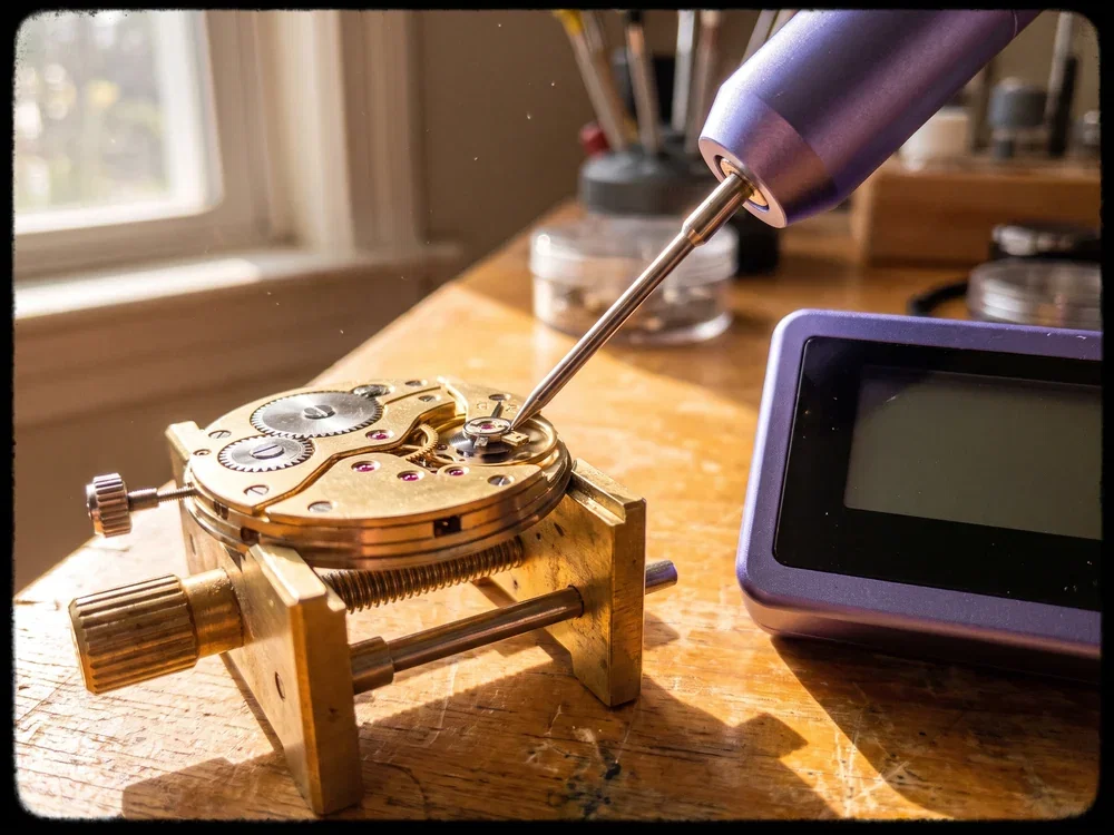 A finished movement clamped on a testing stand with a probe measuring how it runs, a metaphor for testing every rule before go-live