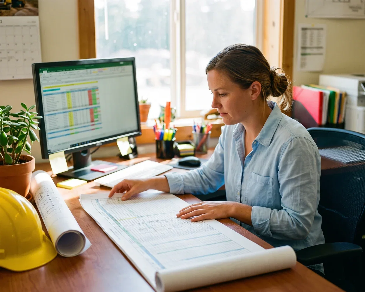A quantity surveyor working through a printed bill of quantities beside a matching view on screen