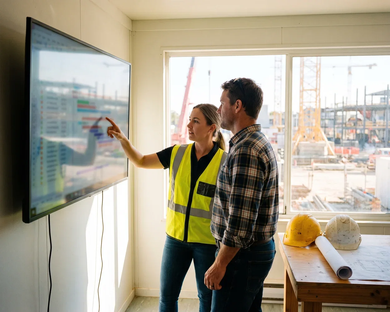 A planner and a commercial manager tracing a project programme on a wall screen in a site office