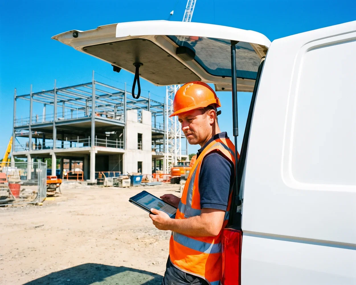 A site engineer using a tablet at the tailgate of a works van with the part-built structure behind