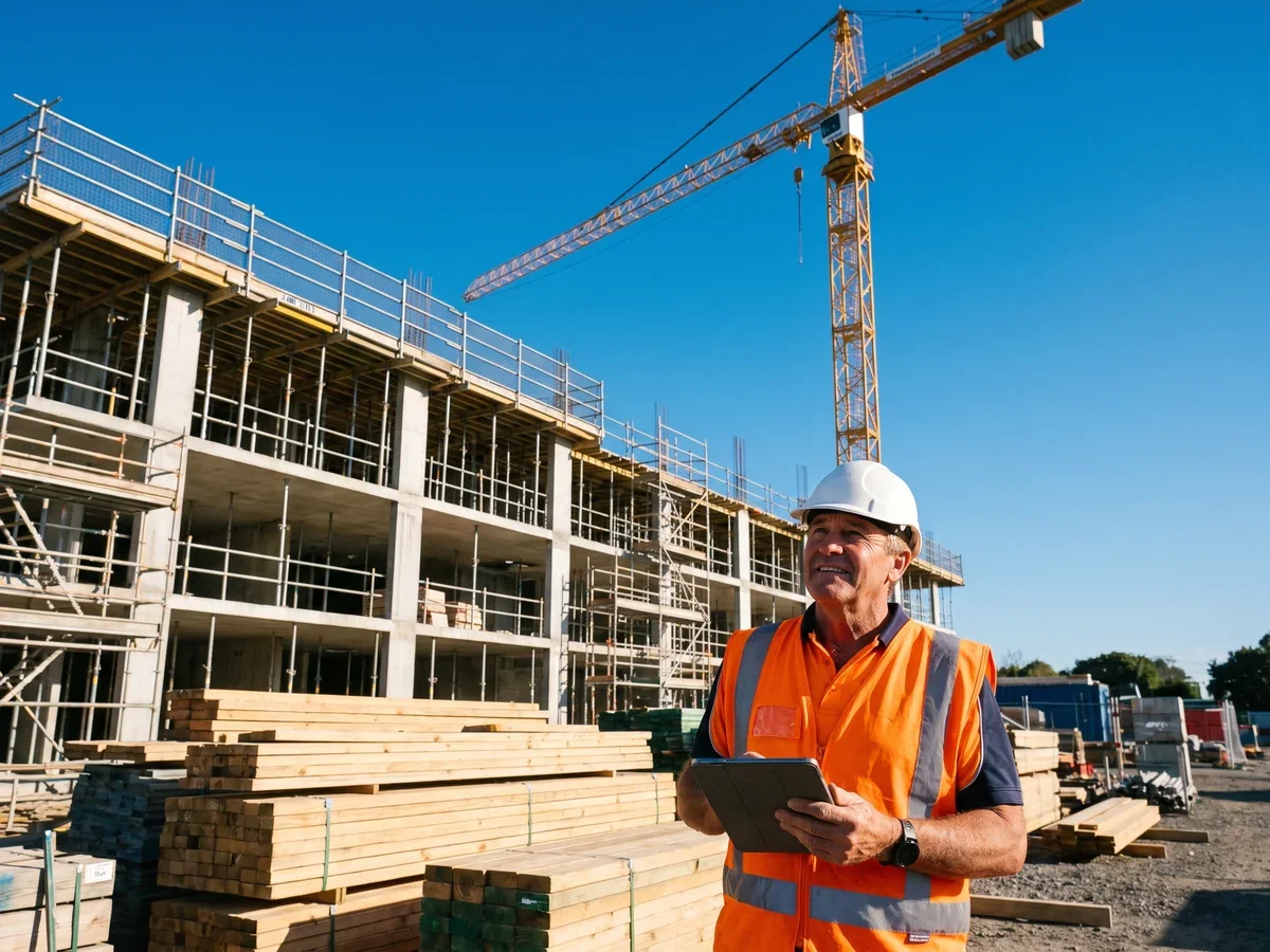 A site manager in hi-vis holding a tablet in front of a rising concrete and steel frame with a tower crane under a clear blue sky