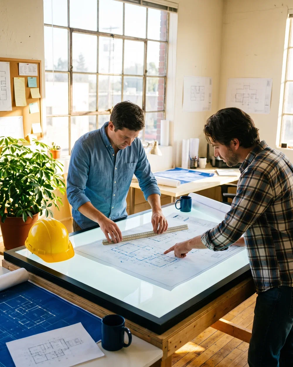 Two estimators working over a large drawing on a light table, pricing a job in a sunlit office