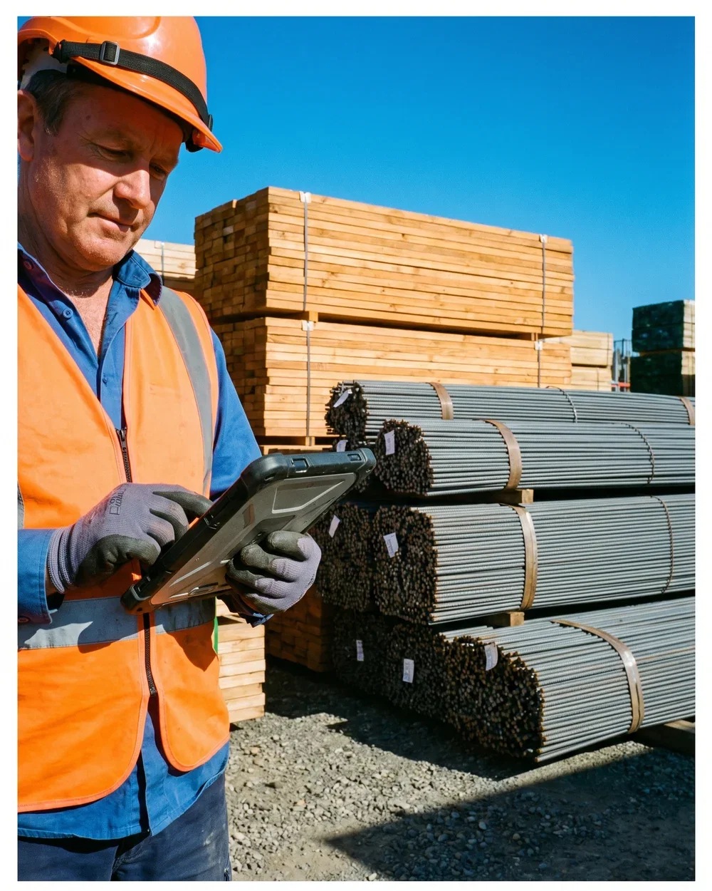 A storeman checking stacked timber and steel reinforcement against a tablet in a tidy site compound