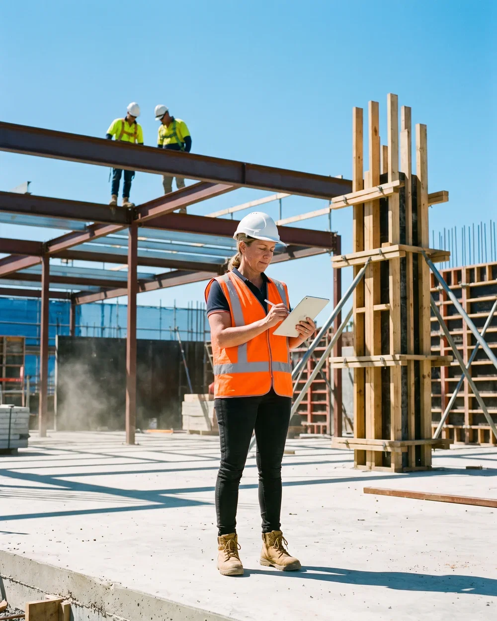 A site supervisor with a tablet marking off progress with steel columns and formwork rising behind her