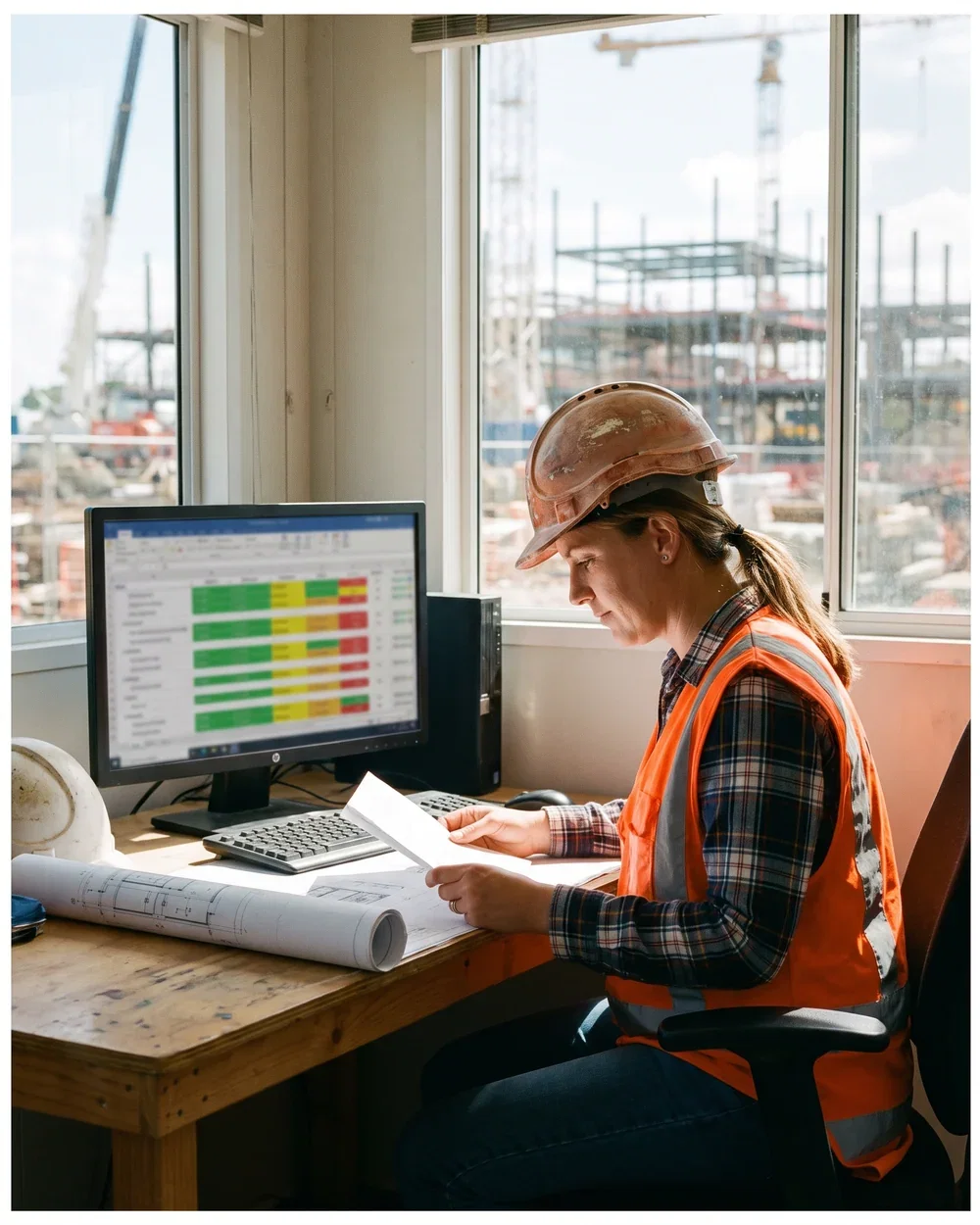 A quantity surveyor in hi-vis working through a valuation on screen in a site cabin with the job visible outside