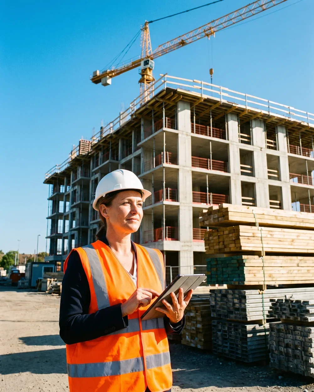 A project manager in hi-vis with a tablet mid-site, the rising structure and tower crane behind her under a blue sky