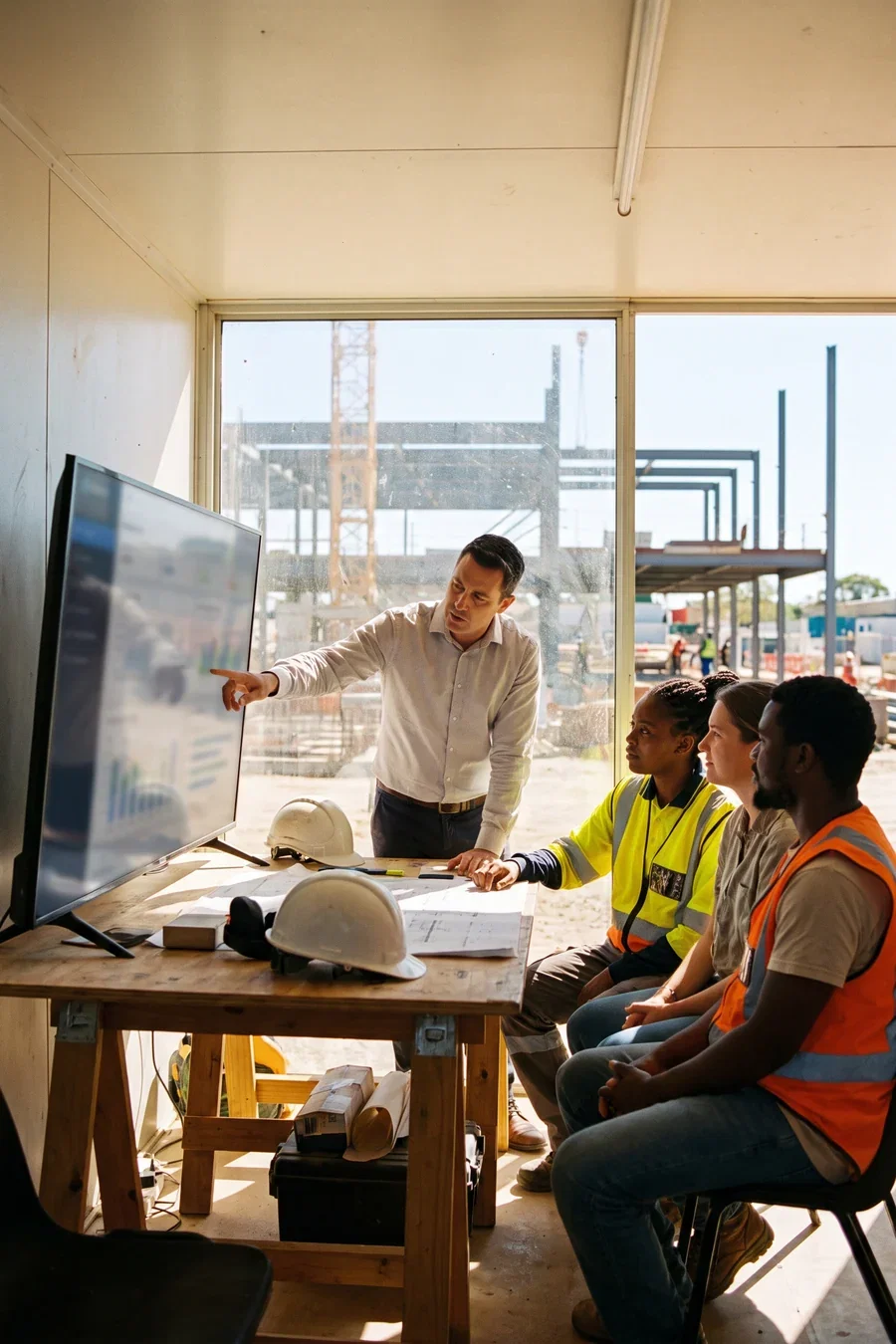 A consultant walking a seated project team through their new system in a site office with the job visible through the window