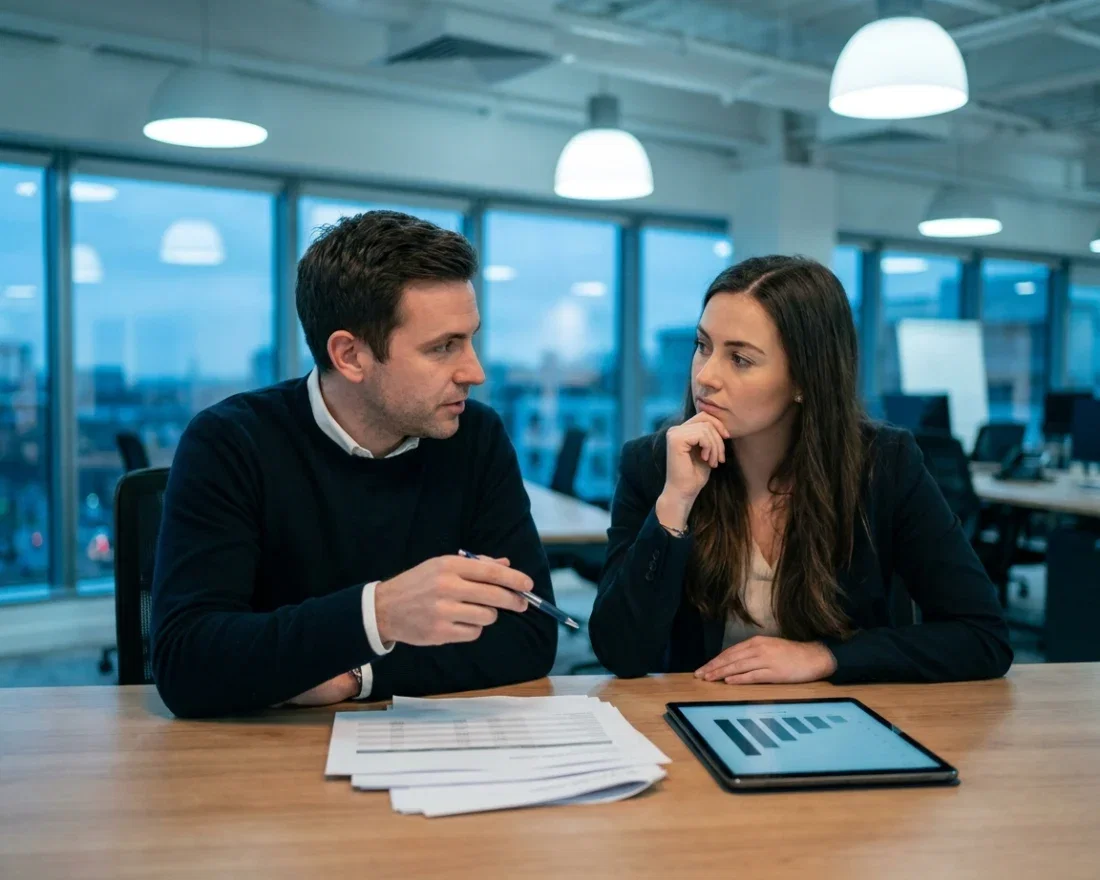 Two people pointing at itemized line items on an integration quote