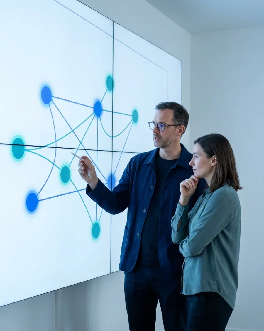 Reviewing a flowchart on a whiteboard while choosing an integration method