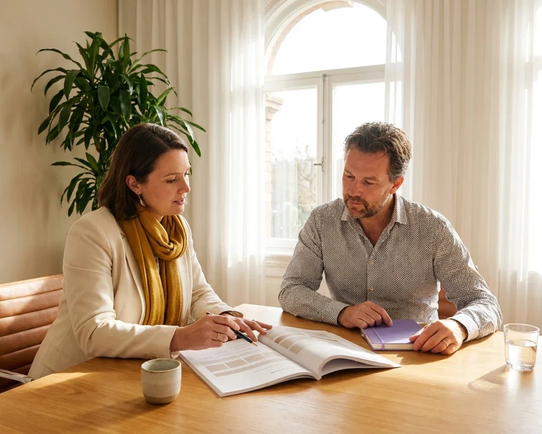 Accountant reviewing migration costs with a calculator, financial documents and a laptop