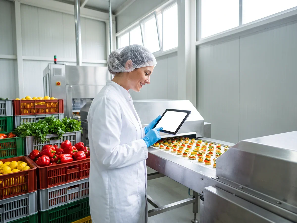 A food technologist in a white coat and hairnet checking a tray of product on a stainless line against a tablet, with crates of fresh produce beside her