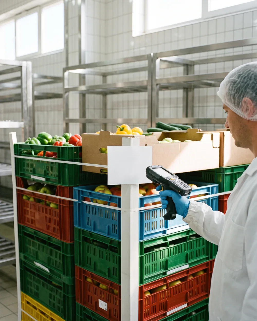 Operator scanning a lot coded pallet label to record a traceability event