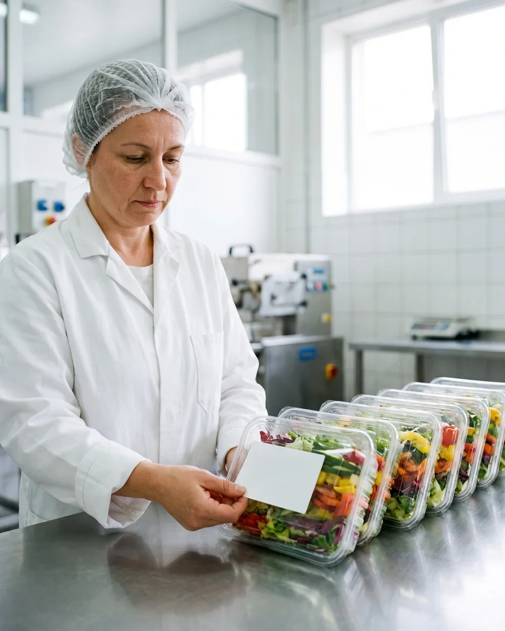 Packing station applying date coded and allergen accurate labels to finished food cases