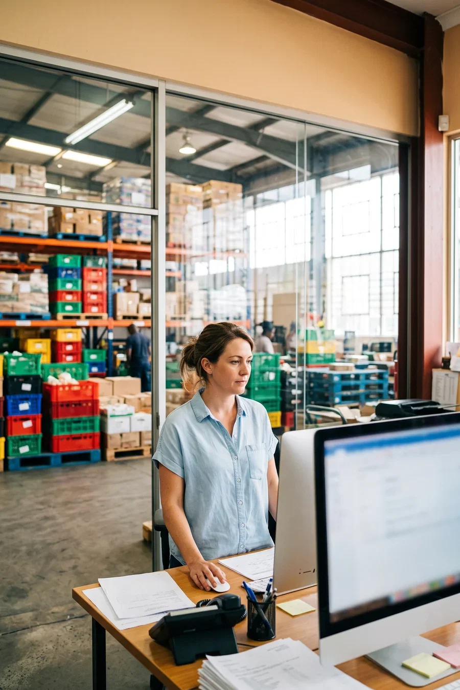 Distribution office reviewing incoming food orders across EDI, portal and phone channels