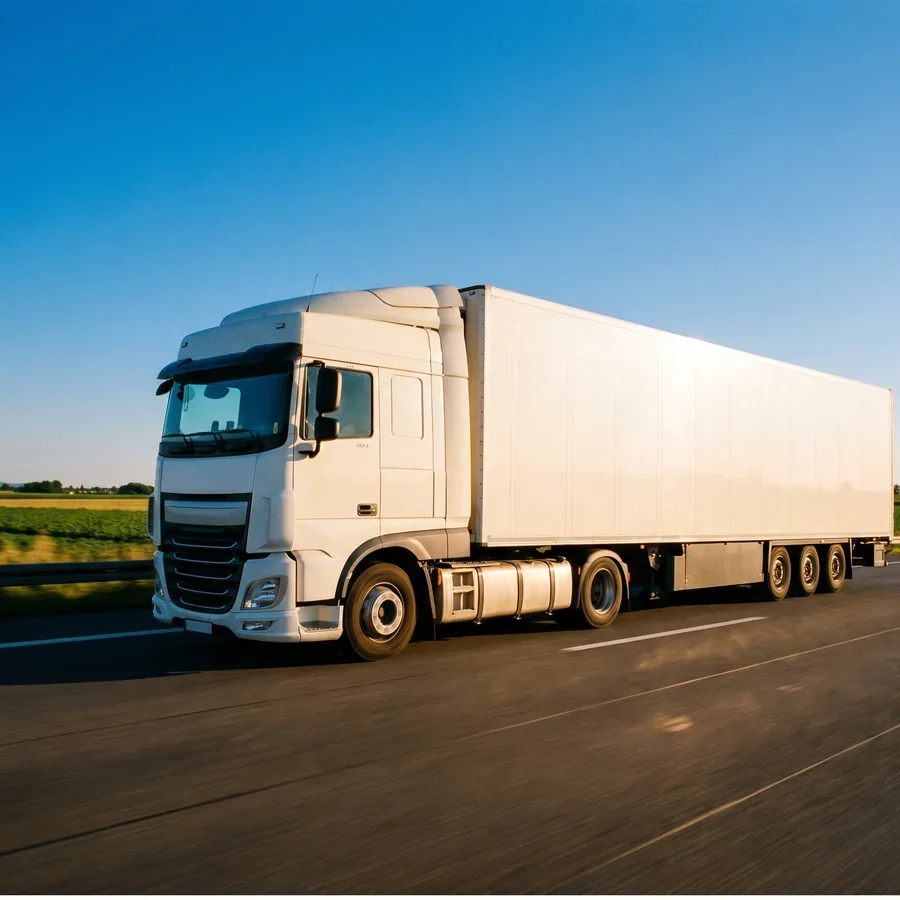 Tractor and dry van trailer travelling on an interstate at golden hour