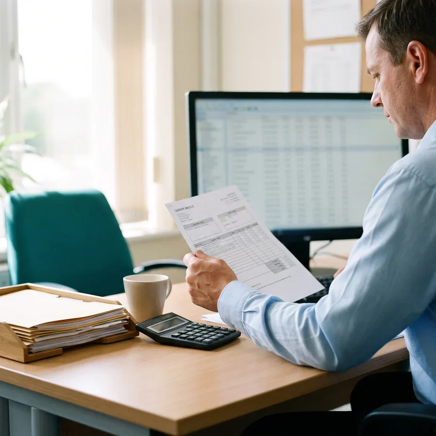 Stacked freight invoices, a calculator and a laptop on a settlement desk