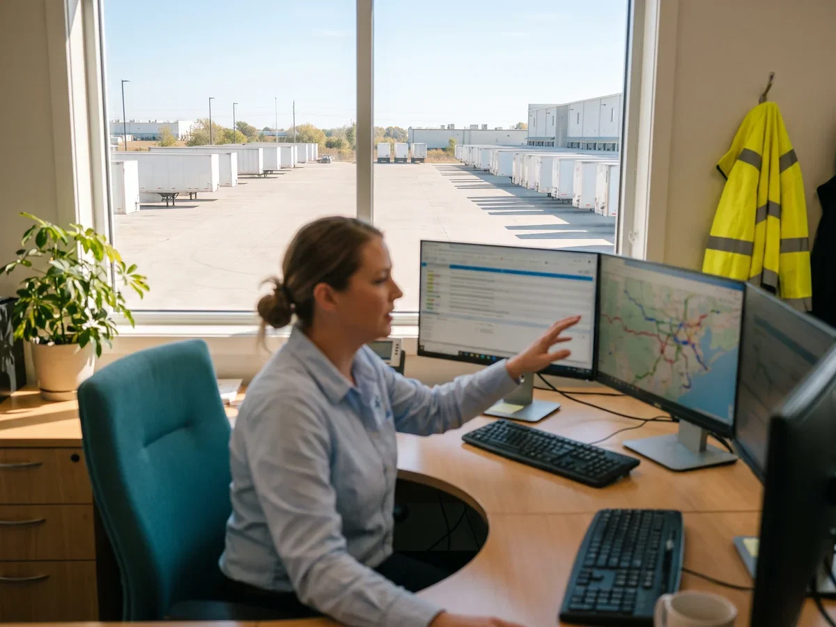 Dispatcher at a multi-screen desk in a freight brokerage office with a truck yard visible through the window