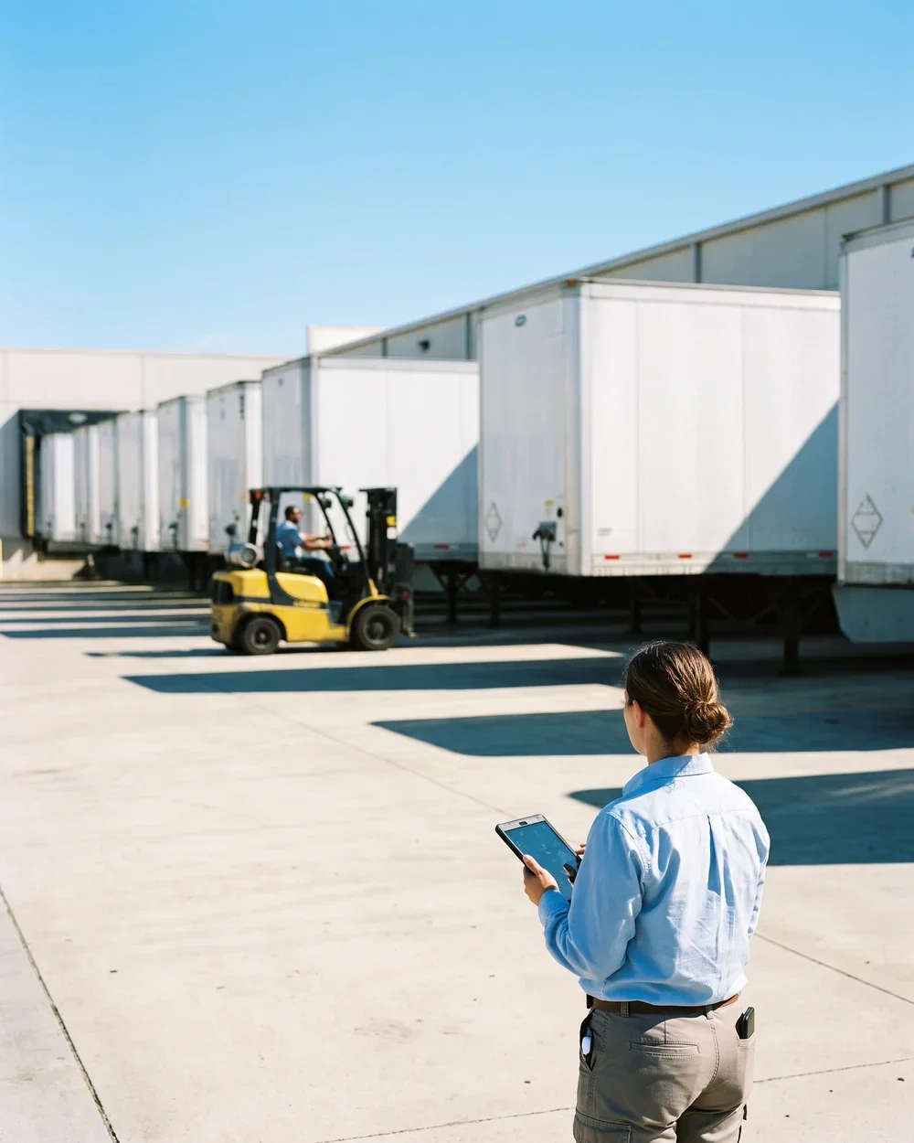 Row of trailers at dock doors, the point where most logistics systems stop agreeing with each other