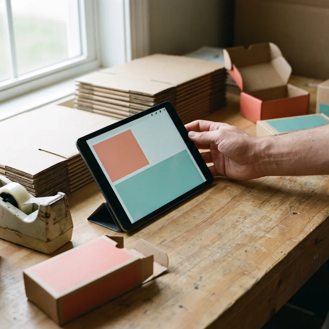 A tablet on a packing bench showing a newly arrived order, with the seller reaching for it among flat-packed boxes and tape
