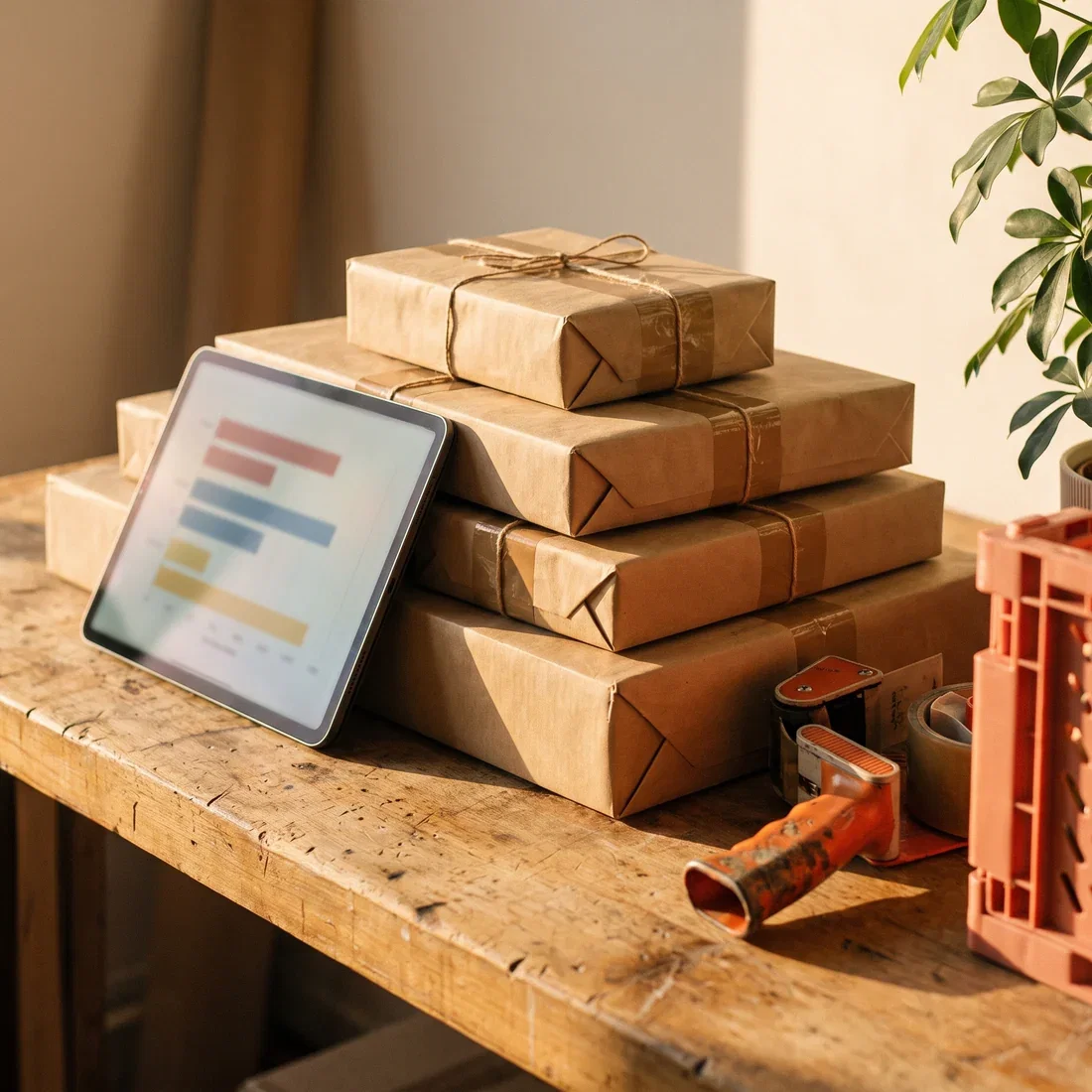 A stack of finished parcels on a workbench with a tablet leaning against them showing the day's sales summary in late afternoon light