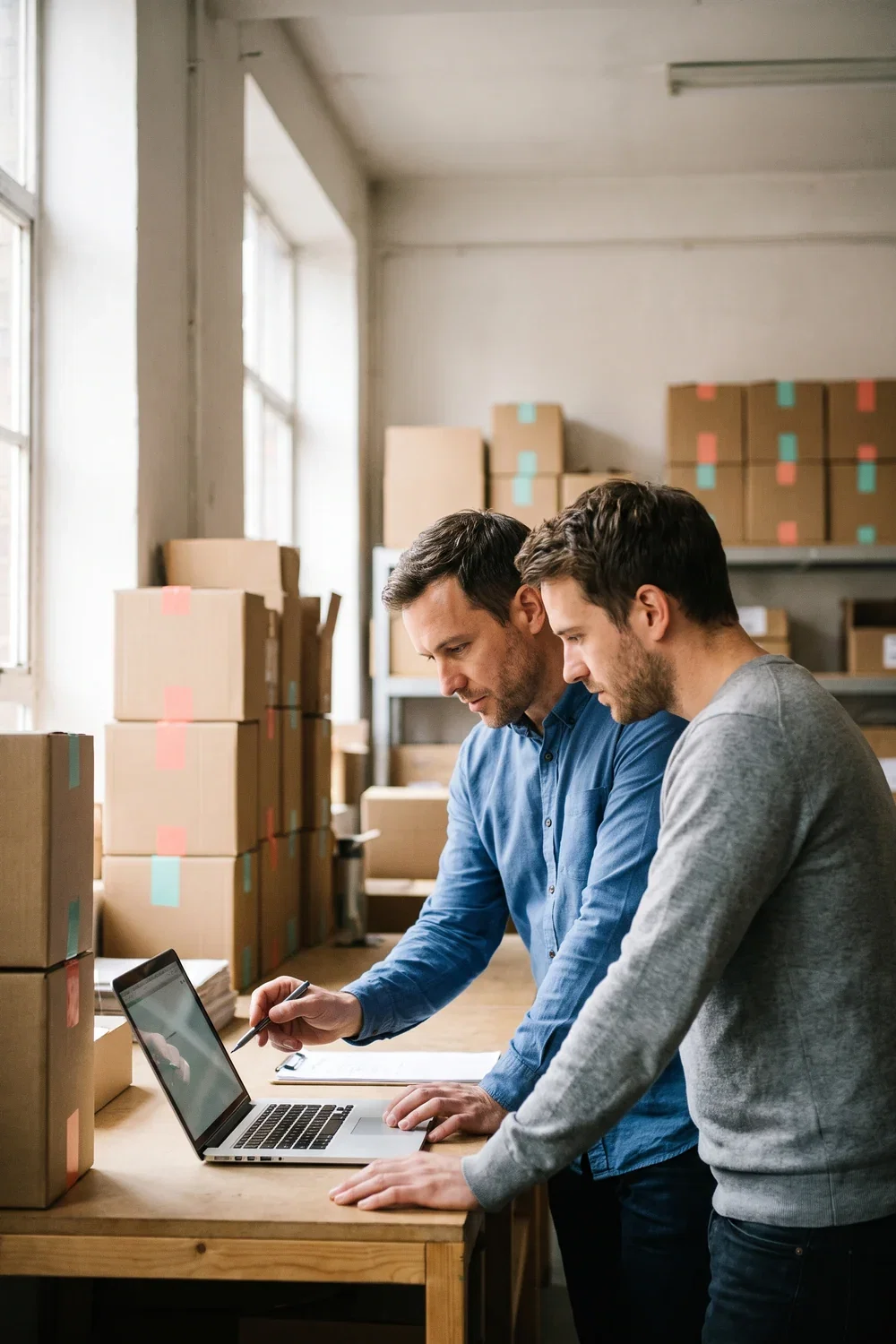 A consultant and a client standing at a laptop in the client's own stockroom, working through the channel setup together