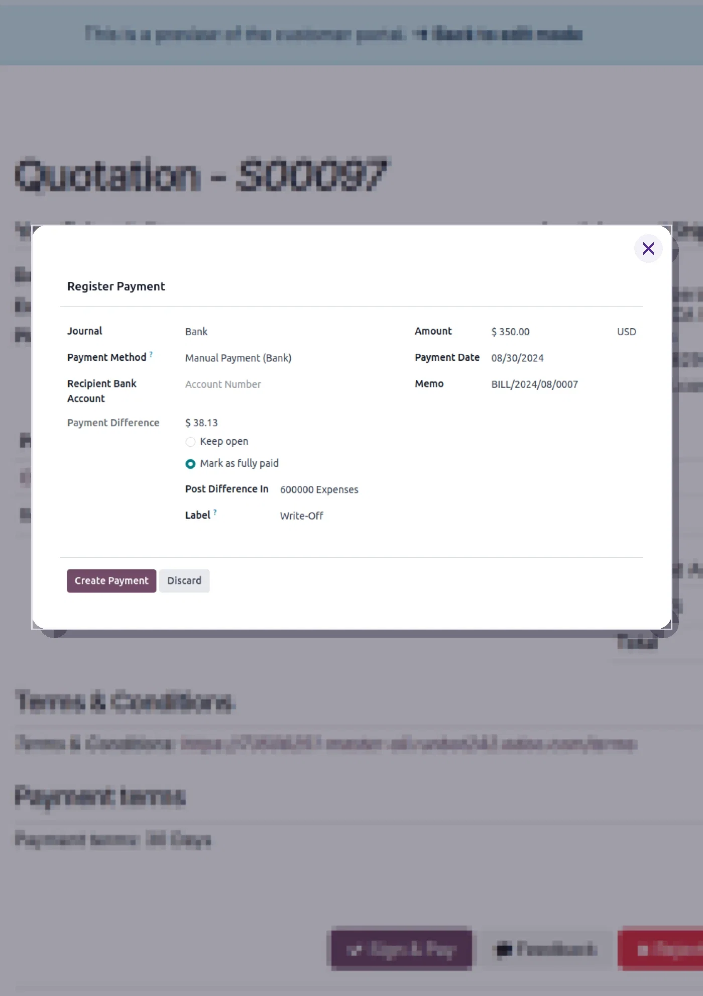 Odoo Register Payment form showing journal, amount, payment date and memo fields