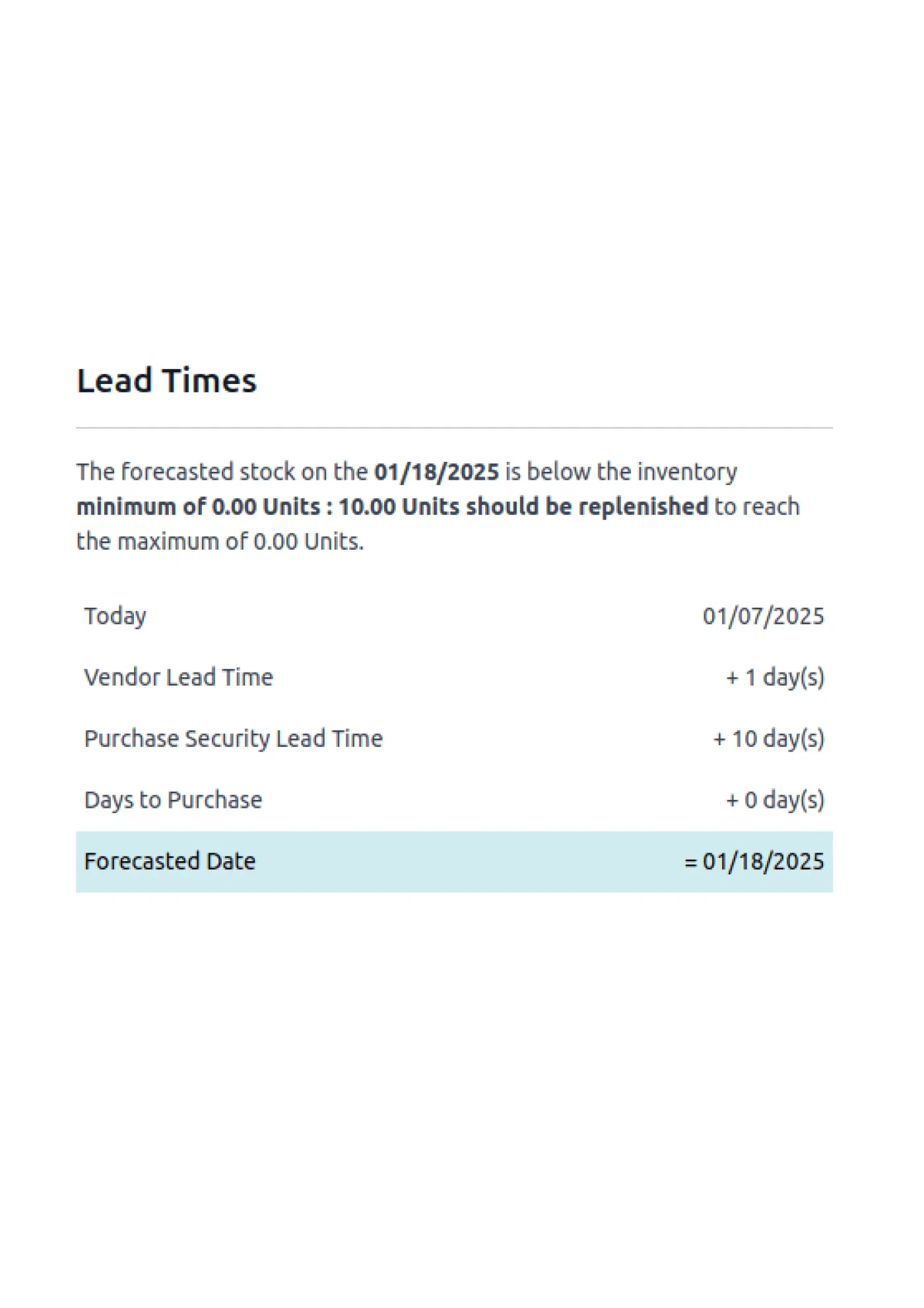 Odoo Lead Times panel showing forecasted replenishment date calculation