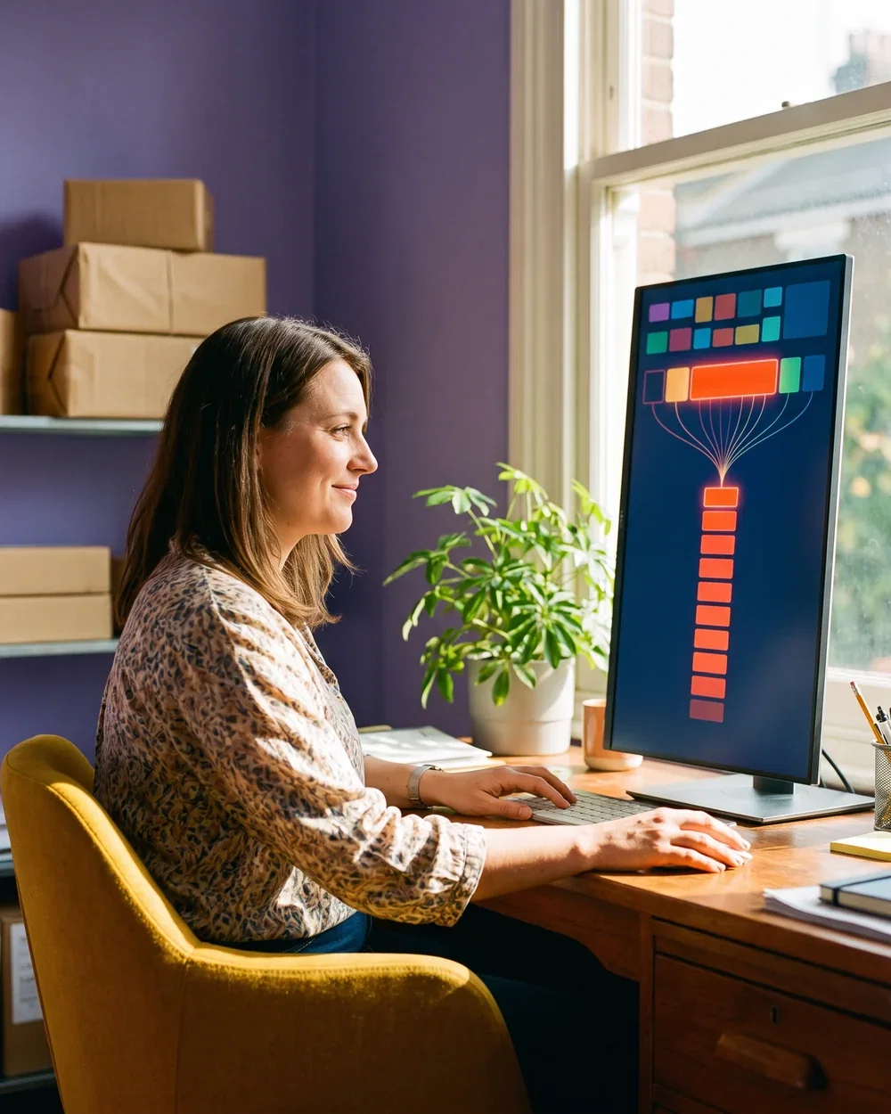 A finance manager watching a screen where one marketplace payout line fans out into the individual orders it covers, each already matched