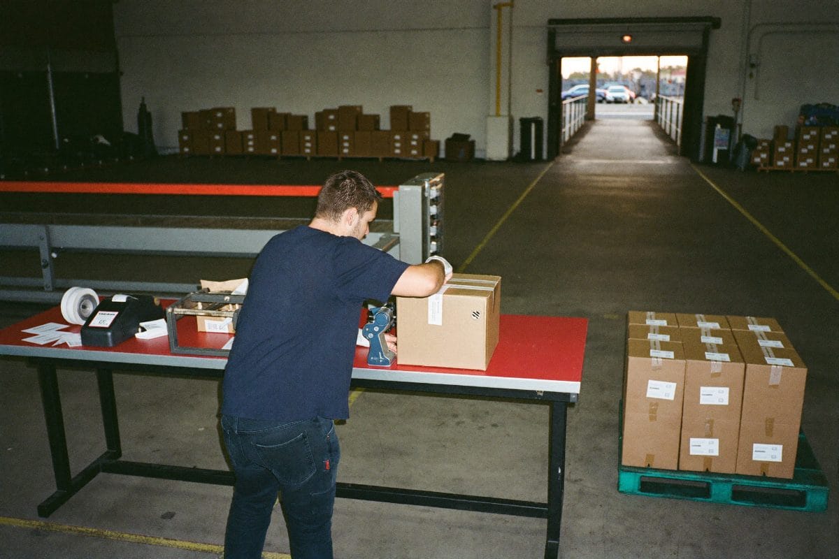 Dispatch bench where finished orders are packed, labelled and palletised beside the loading dock