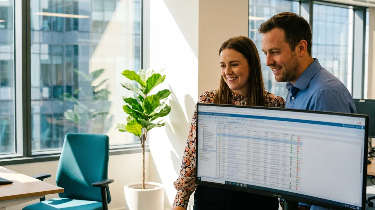 Two colleagues at a wide desk looking at one screen holding every property record
