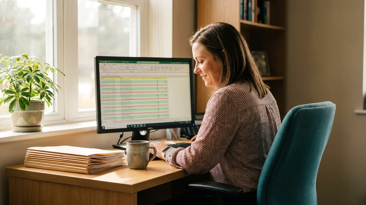 An administrator reviewing a scheduled rent run on screen with tenancy folders on the desk beside her