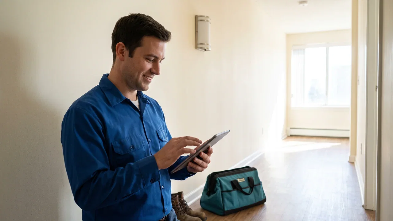 A technician logging a completed repair on a tablet in a bright apartment hallway, tool bag closed at his feet