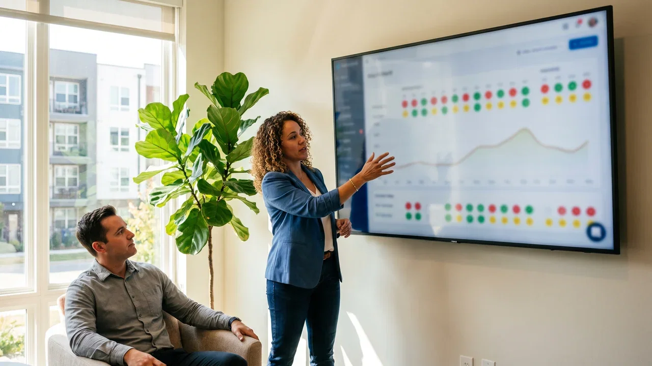 A portfolio manager talking a colleague through an occupancy and yield view on a large wall screen