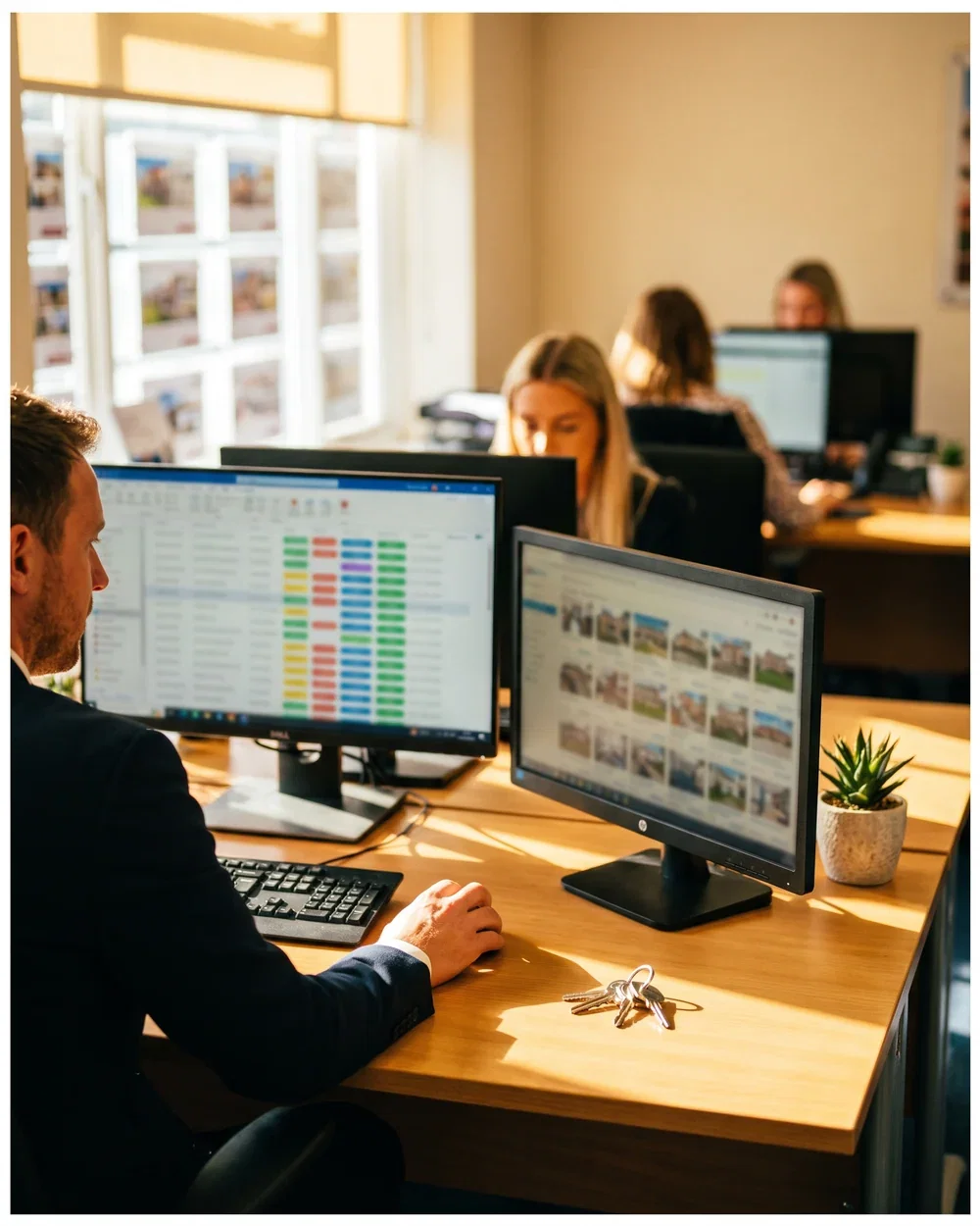 An agent working through enquiries on screen in a sunlit estate agency office