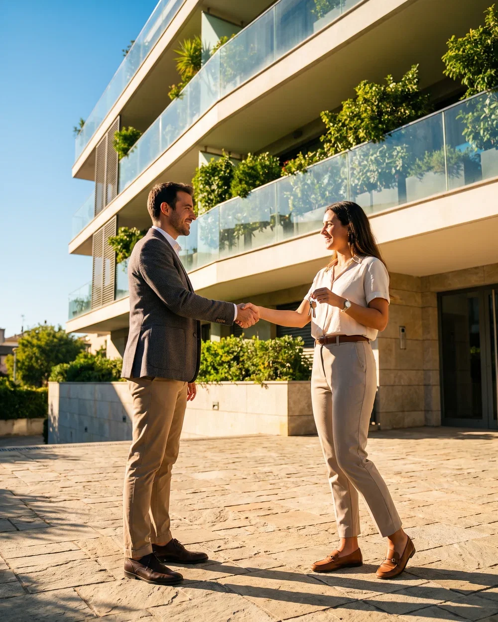 An agent shaking hands with a buyer on the forecourt of a modern apartment building