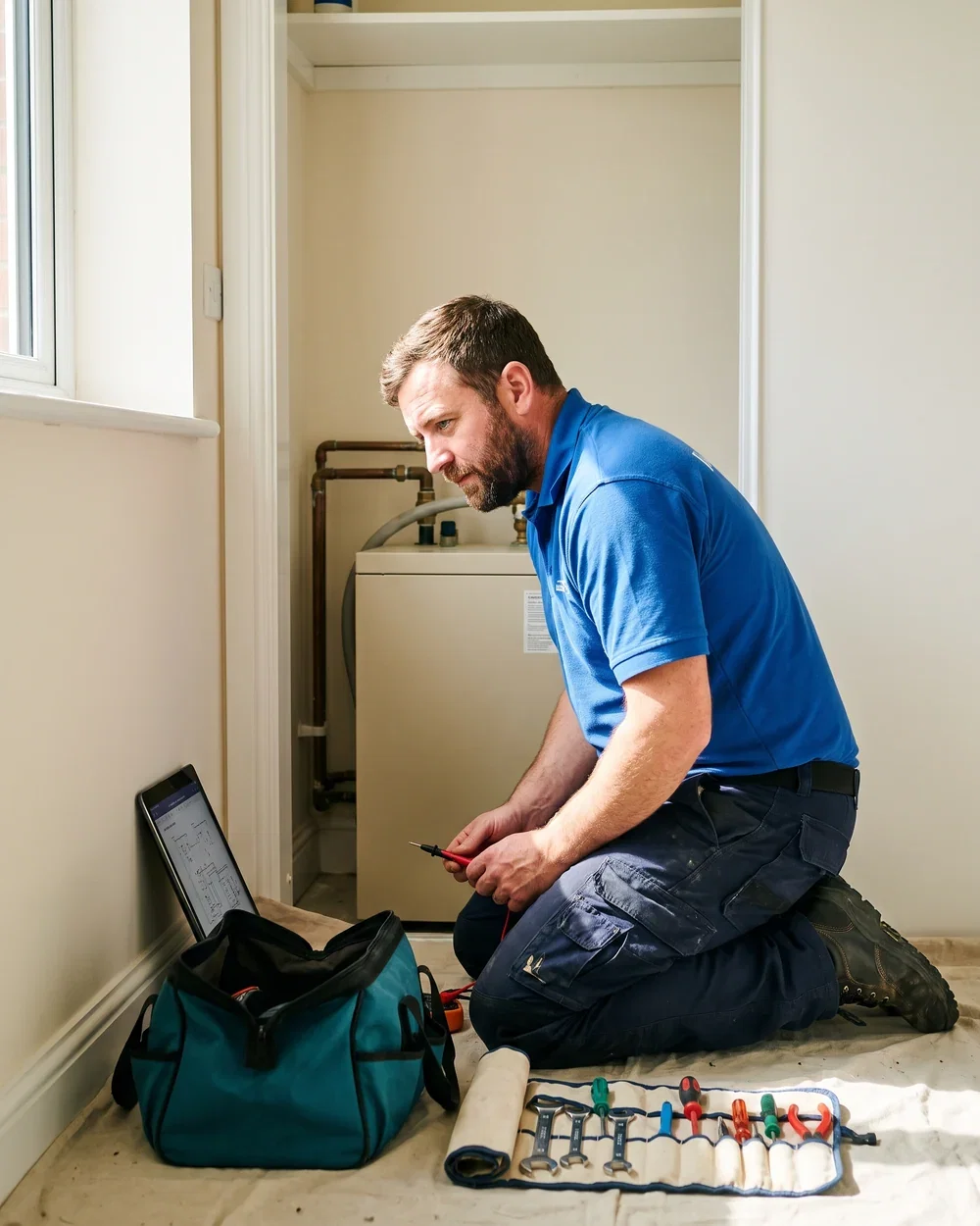A maintenance technician checking a heating unit in an apartment and logging the job on a tablet