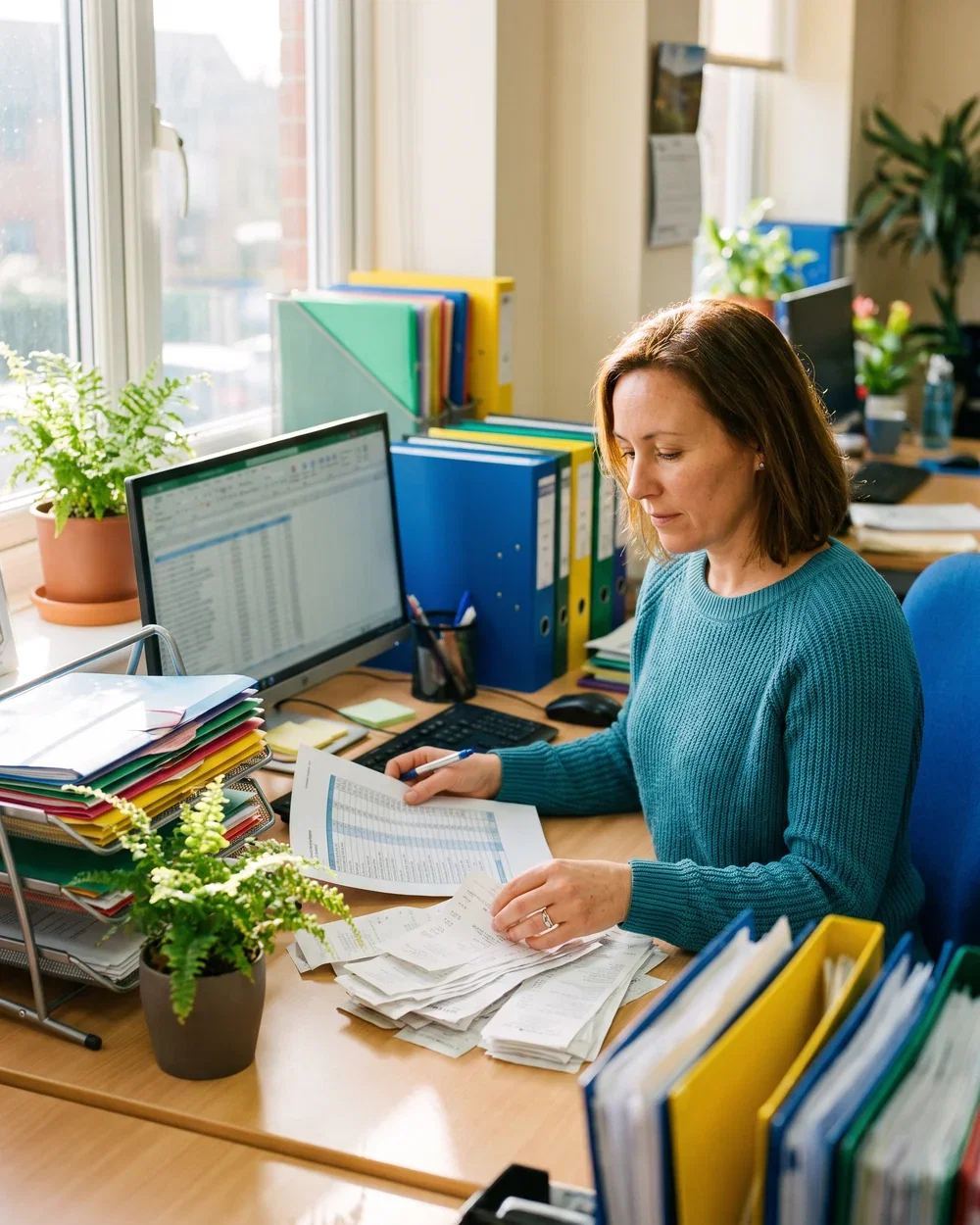 An accountant working through rent receipts and service charges with a printed schedule and matching record on screen