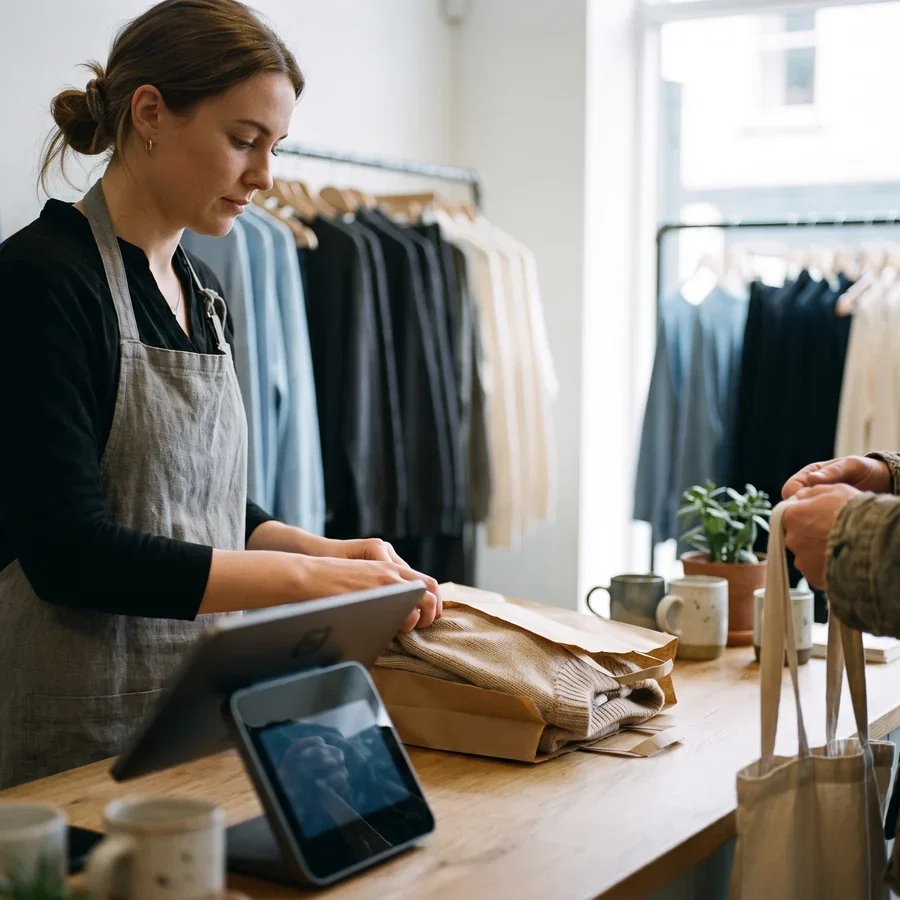 A cashier folding a garment into a paper bag as she rings a sale through at the shop counter