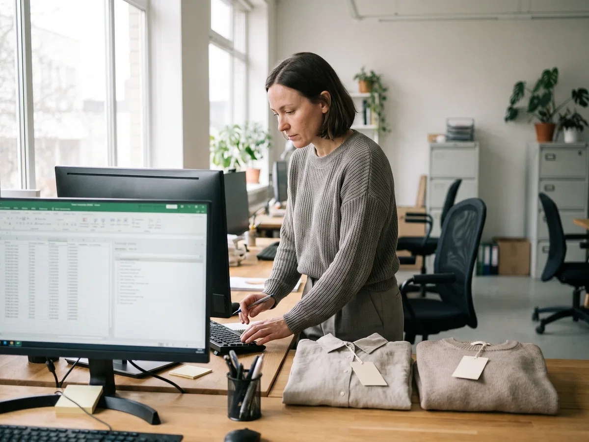 A pricing manager setting a price change on screen with sample garments and blank swing tickets on the desk beside her