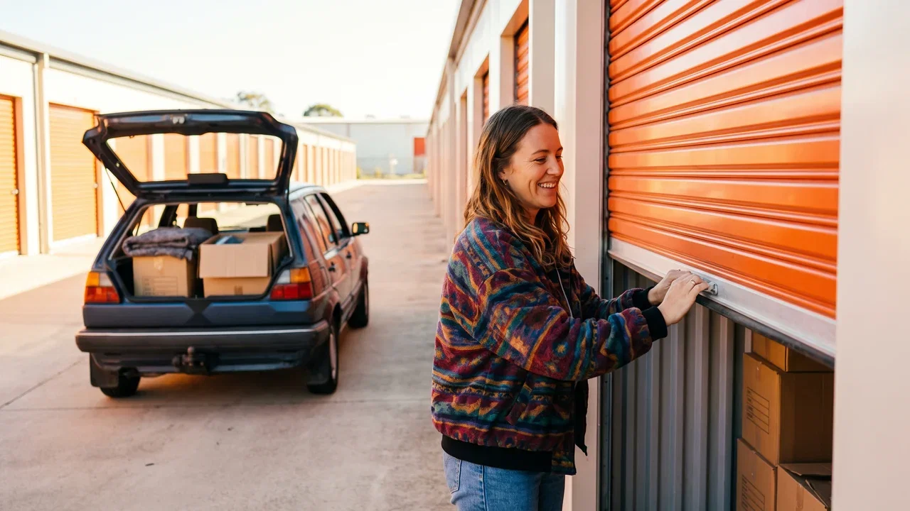 A customer rolling up her storage unit door with her car parked behind, boot open