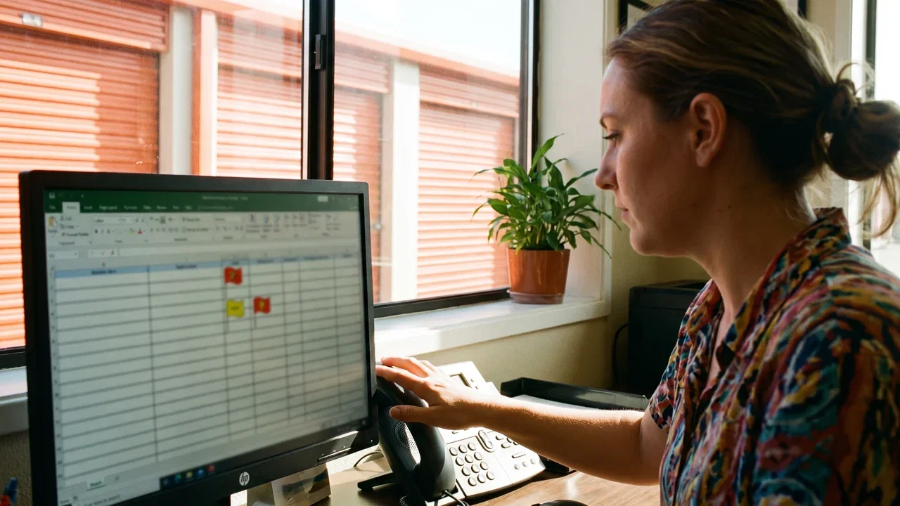 An administrator checking a failed-payment follow-up on screen and reaching for the phone
