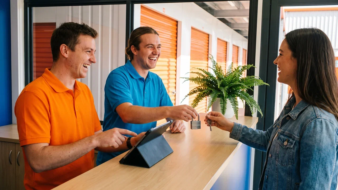Two site staff working the reception counter, one on a tablet and one handing keys to a customer