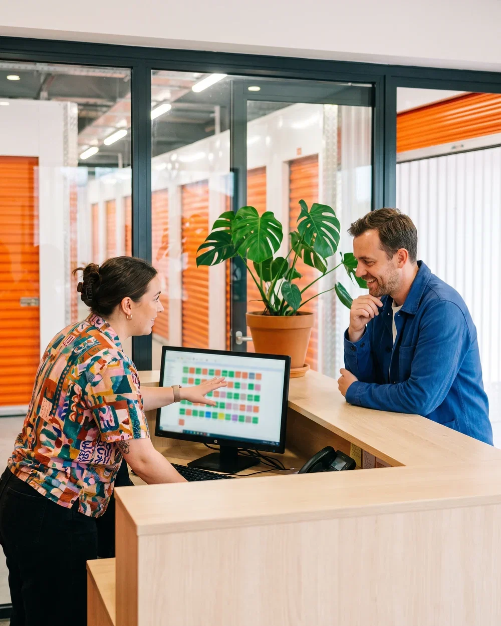 An assistant showing a prospective customer available units on a screen turned toward them at reception