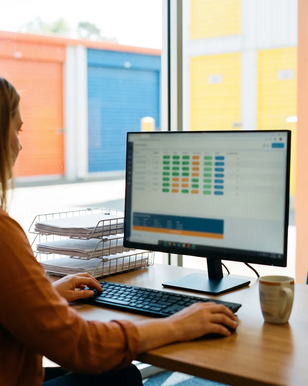 An administrator working through billing and cash on screen in a storage site office
